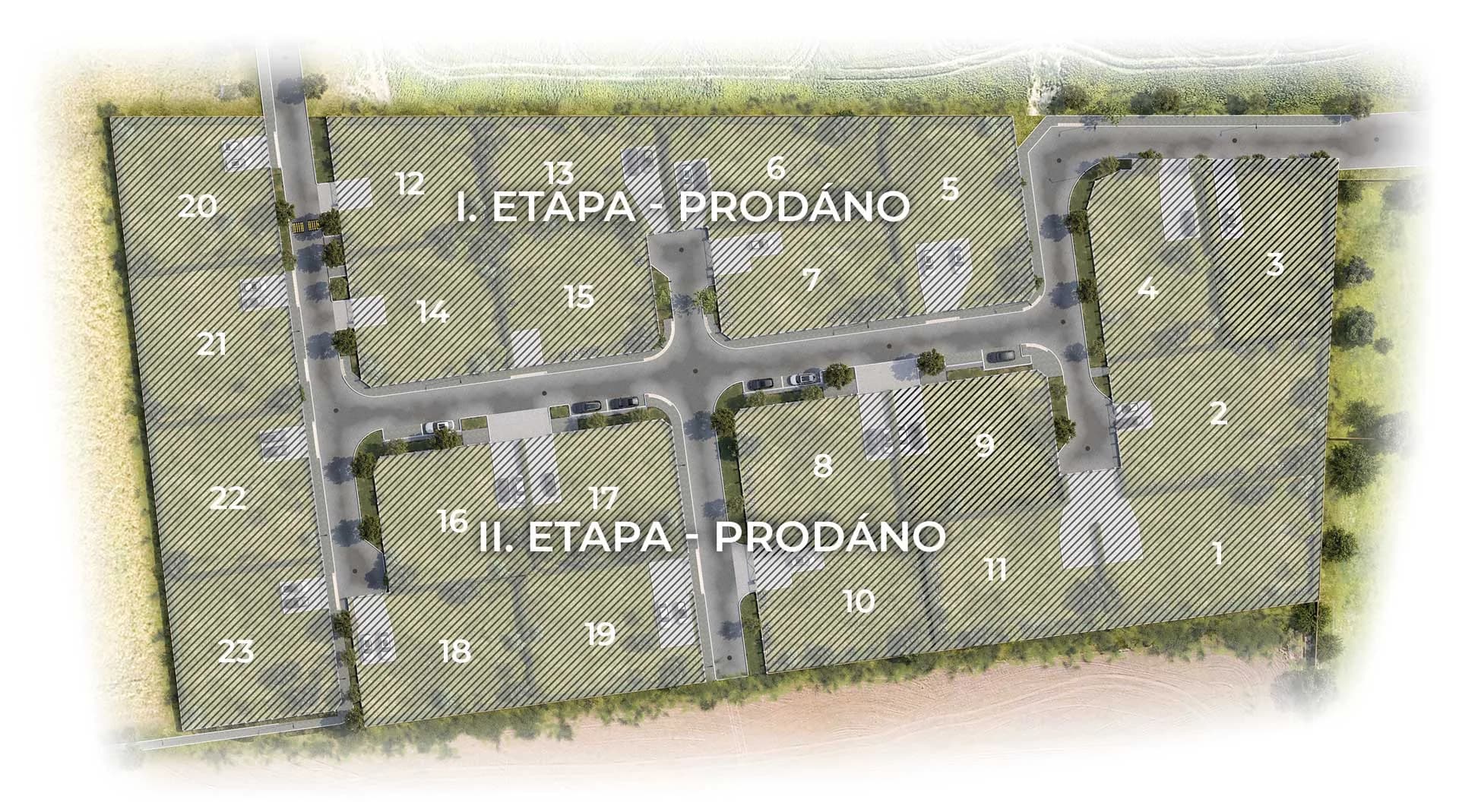 Ortofoto mapa pozemků Nad Zlatou řekou v Lešanech s vyznačením I. a II. etapy